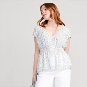 NEW! Old Navy Waist Defined Dolman Sleeve Top White Blue Geometric Size XL